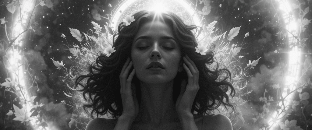 Imagen de una mujer meditando con las manos en el cabello, rodeada de un halo de luz y elementos naturales como flores y hojas, simbolizando la conexión entre la energía y el cabello