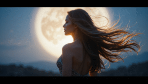Mujer de espaldas, mirando la luna llena, con su cabello largo ondeando al viento, simbolizando la conexión entre la naturaleza y la belleza femenina
