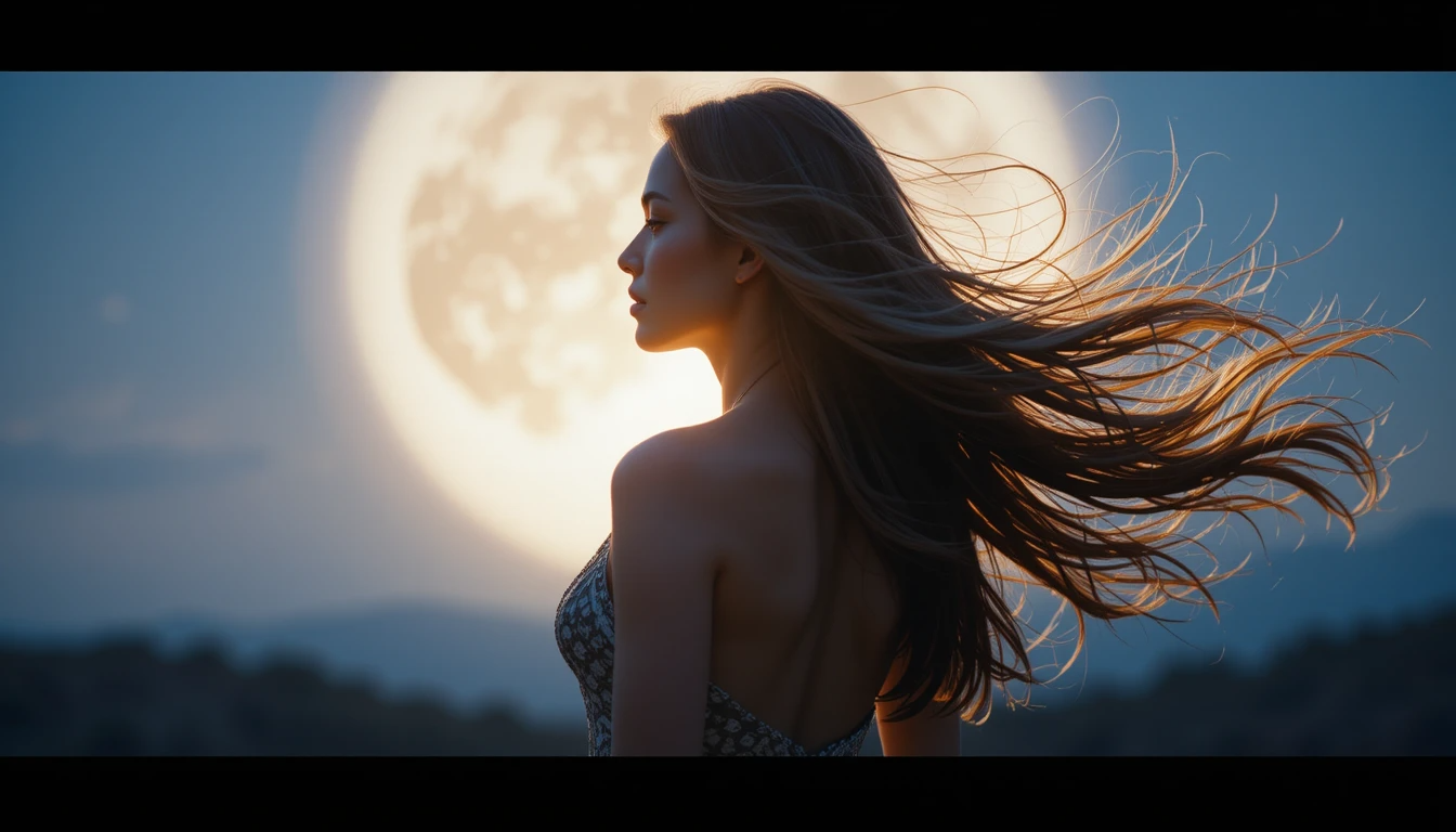 Mujer de espaldas, mirando la luna llena, con su cabello largo ondeando al viento, simbolizando la conexión entre la naturaleza y la belleza femenina