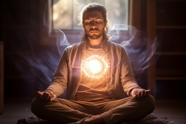 Escalofríos al Manifestar Una persona en meditación con una luz cálida rodeándola.