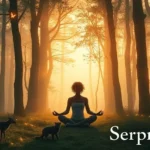 Persona meditando con animales espirituales en bosque