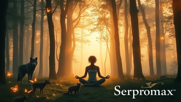 Persona meditando con animales espirituales en bosque